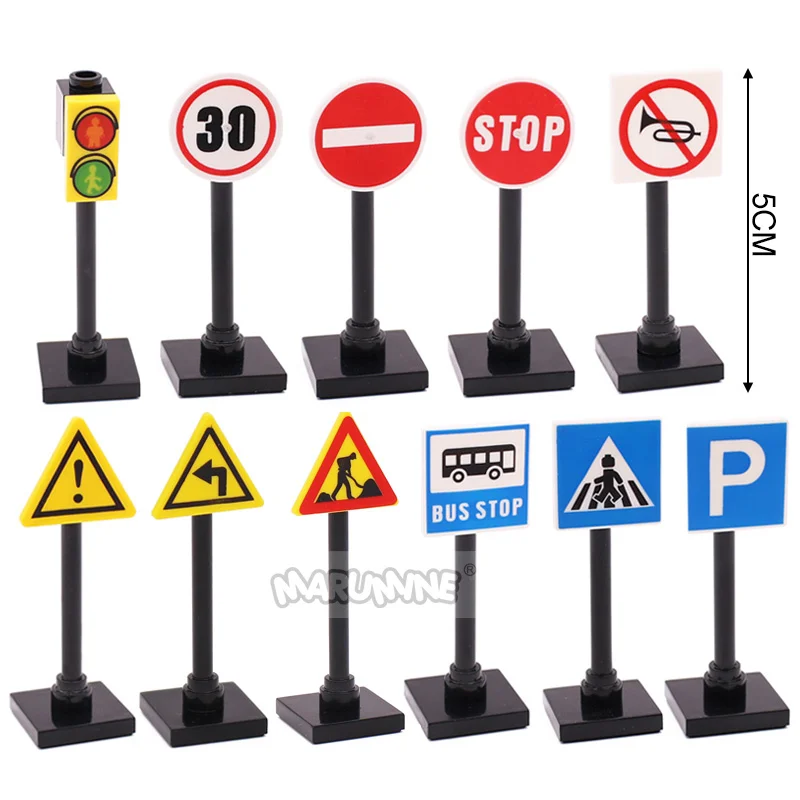 Marumine Traffic Road Sign Light Lamp Block Brick City Street View Accessories Signpost Barrier Speed Limit Indicator Warning - Image 2