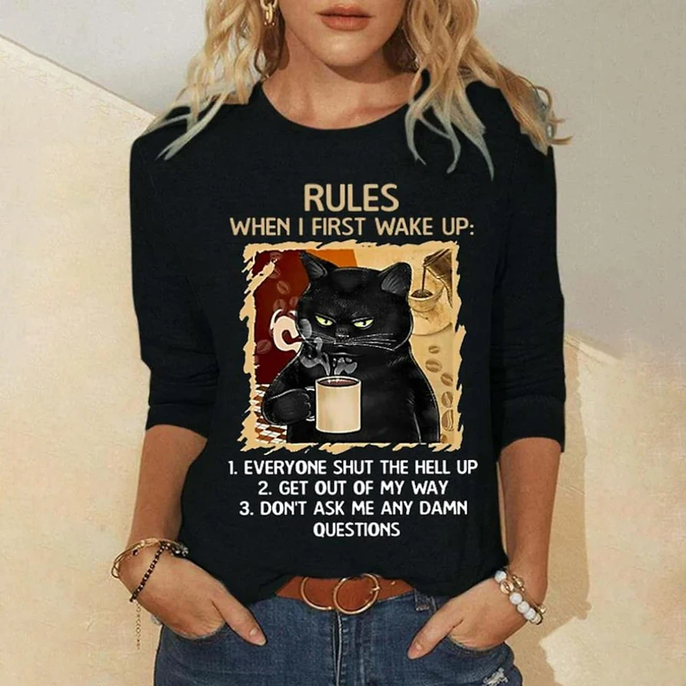 

Базовая женская футболка с круглым вырезом, Повседневный пуловер с длинным рукавом и цветочным принтом в виде кошки для выходных, Осень-зима