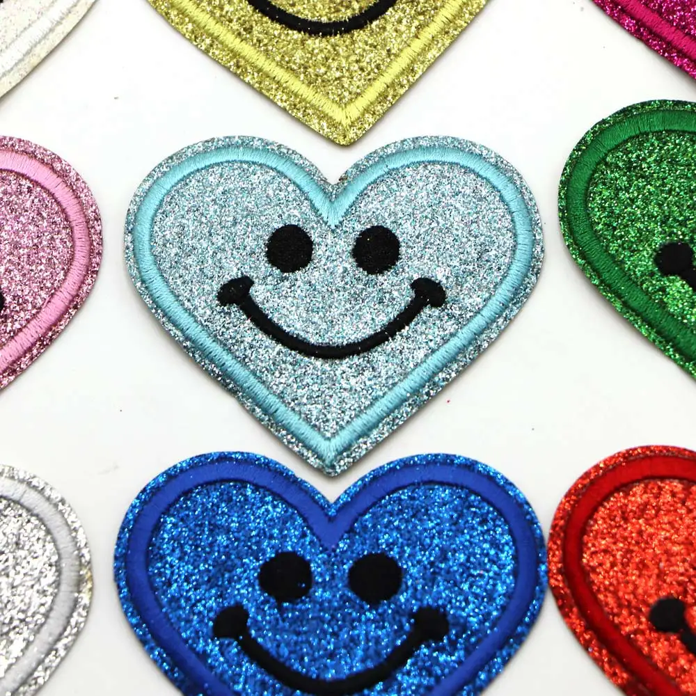 12 Stück hell leuchtendes Herz Happy face Patch Eisen auf Reparatur Patches gestickte Aufkleber Dekoration Abzeichen für Kleidung Apploqie – Detail 12