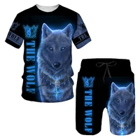 The Wolf Print Set Suit Hip Hop Harajuku 3D Sports 2 Piece Oversized Sweatshirt  O-neck Tshirt Beach Shorts Outfits man clothes 1