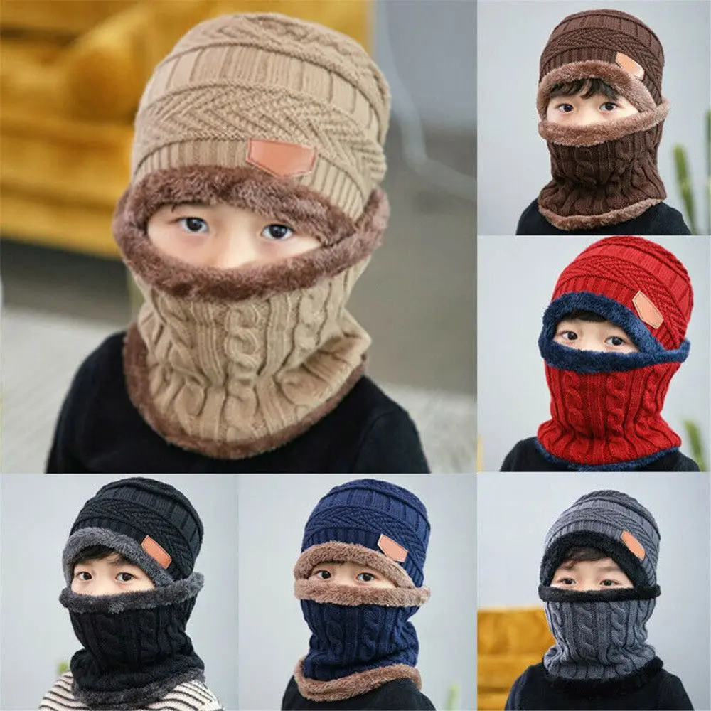 Kids Winter Hat Scarf Set Kids Winter Neck Scarf Cap Set Fashion Beanie Warm Hat Scarf Set Neck Cover Fleece Knitted Thick Ski Cap Warm Balaclava Hat