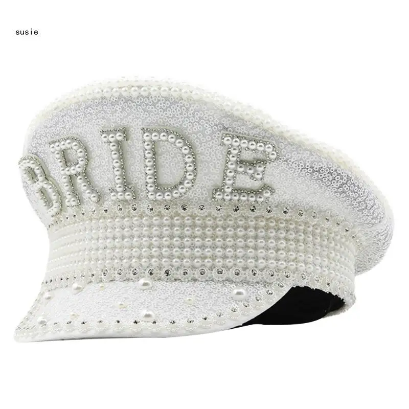 

X7YA Pearls Crystal Sequins Captain Hat for Actor Actress