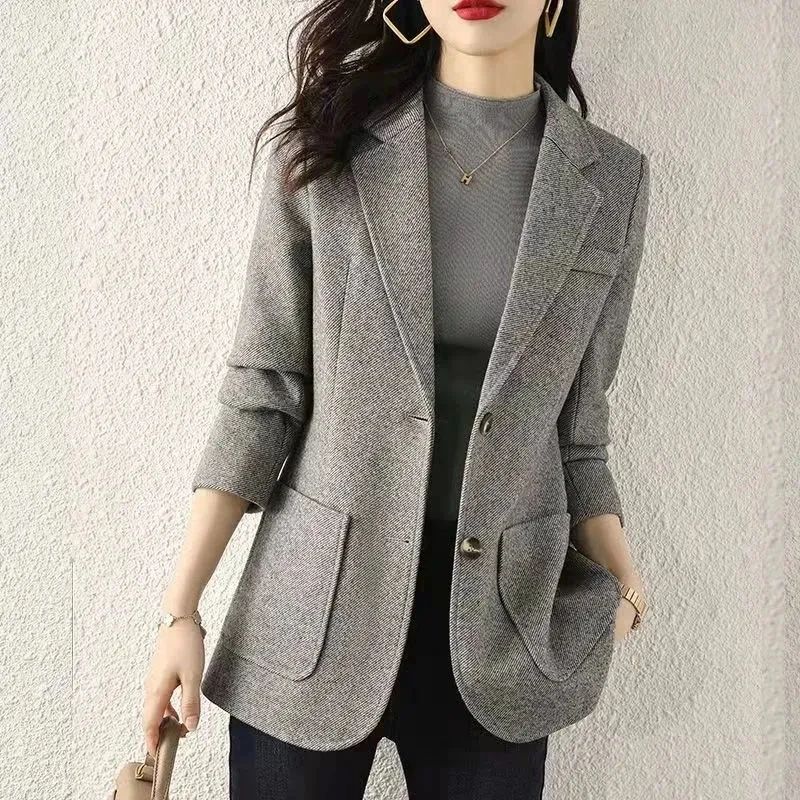 

Grey Office Women's Business Blazer Coat 2023 Autumn New Korean Casual Jacket With pocket Elegant Slim Female Suit Outwear Tops