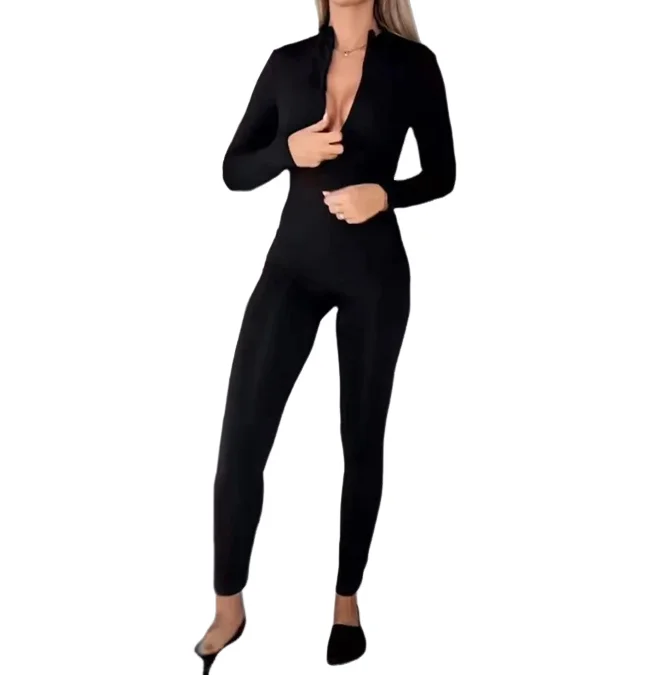 Women's Black Skinny Jumpsuit 2023 New Autumn Solid Color Home Wear Jumpsuit Long-Sleeved V-Neck Sexy Elastic Home Bottoming