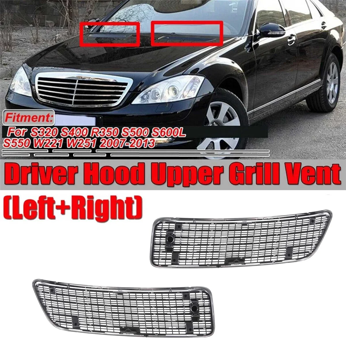 

Car Front Bonnet Hood Air Vent Grille Upper Silver for Mercedes Benz S CLASS W221 2007-2013 2218800205 2218800305