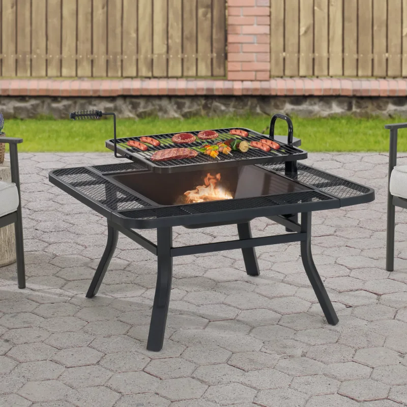 

Sunjoy 38 Inch Grill Fire Pit for Outside, Outdoor Wood Burning Firepit with Adjustable Grill Grate and Fire Poker