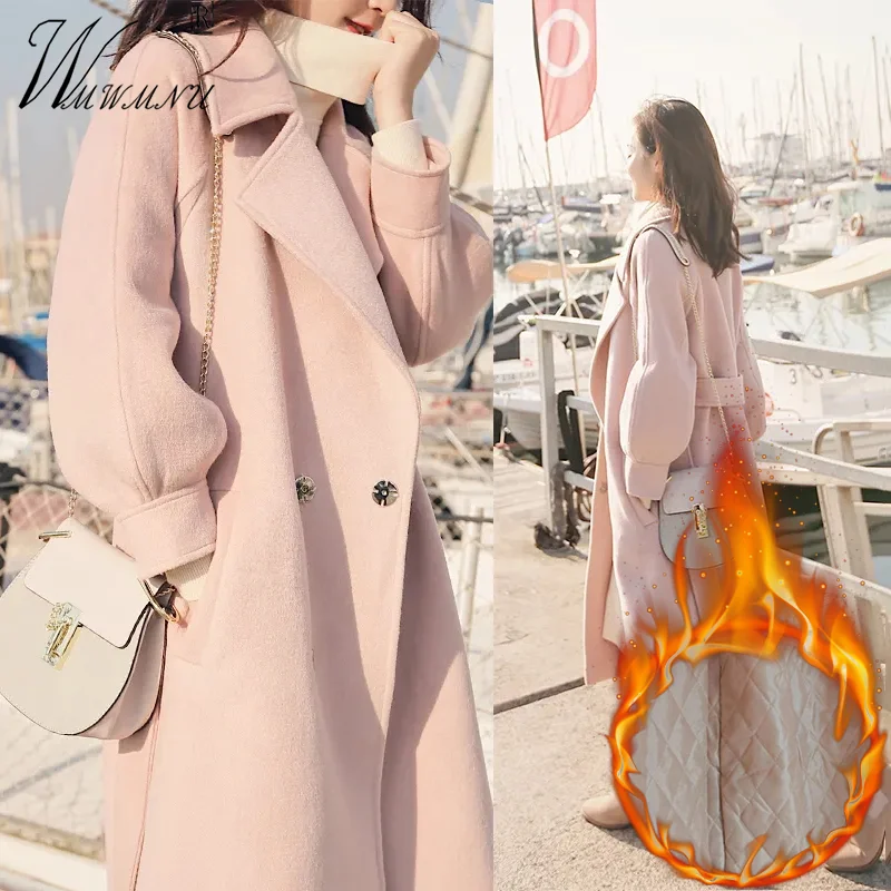 

Korean Pink Wool Blend Coats Women Thicken Quilted Belt Woolen Jackets Winter Warm Long Chaquetas New Loose Elegant Overcoat