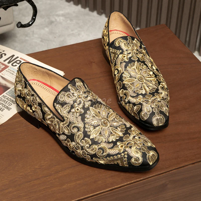Embroidery Casual Men's Shoes Black and Gold Loafers Brand Design Casual Formal Business Shoes Comfortable Shoe Size47