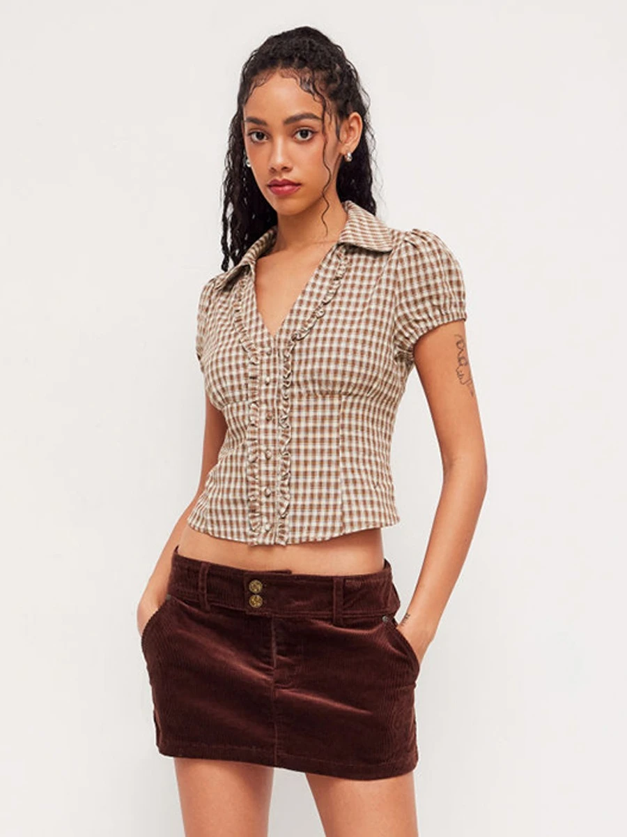 Bornladies Women's Summer Retro Plaid T-shirt Ruffled Hot Girl Ruffle Trim Shirt  Lace-up Small Collar Slim Fit Cropped Blouse