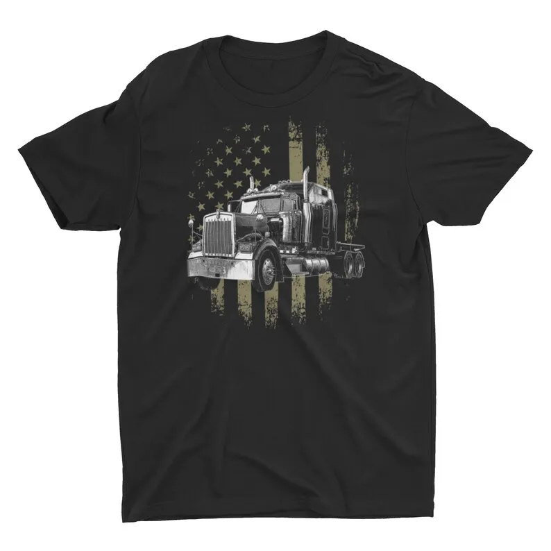 Camo American Flag Kenworth W9 Truck Driver T Shirt Maniche Lunghe O Corte