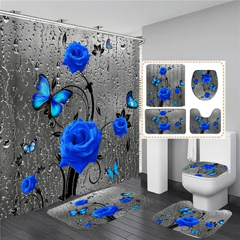 Blue Rose Butterfly Shower Curtain Set 1