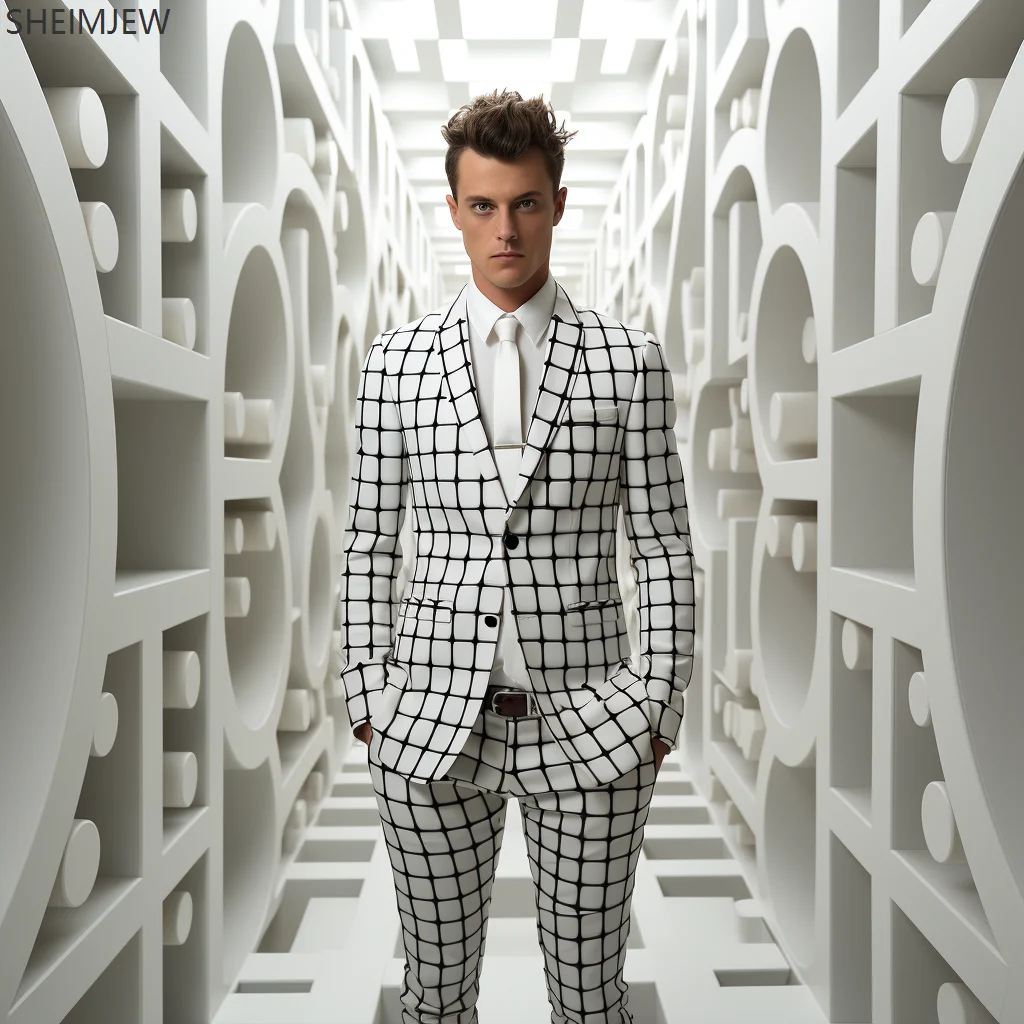 Check Stripe Print Men Casual Suit Everyday Classic Business Jacket Pants Simple Premium Suits Two Piece Set Formal Dress