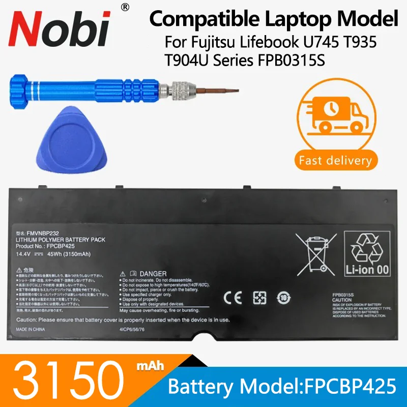 

Аккумулятор NOBI FPCBP425 FMVNBP232 для ноутбука Fujitsu Lifebook U745 T935 T904U Series FPB0315S, 14,4 В, 45 Вт/ч, 3150 мАч