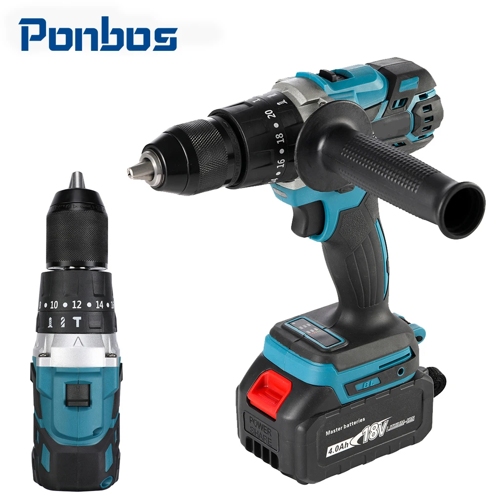 Ponbos 18V Brushless Cordless Electric Driver 13MM Chuck Cordless Impact Drill Metal Plank Ice Drill Colour Steel Hole Opener portable fitness stick pat massager massage tool body plank back hammer meridians pat stick massage pat stress relax relief pain