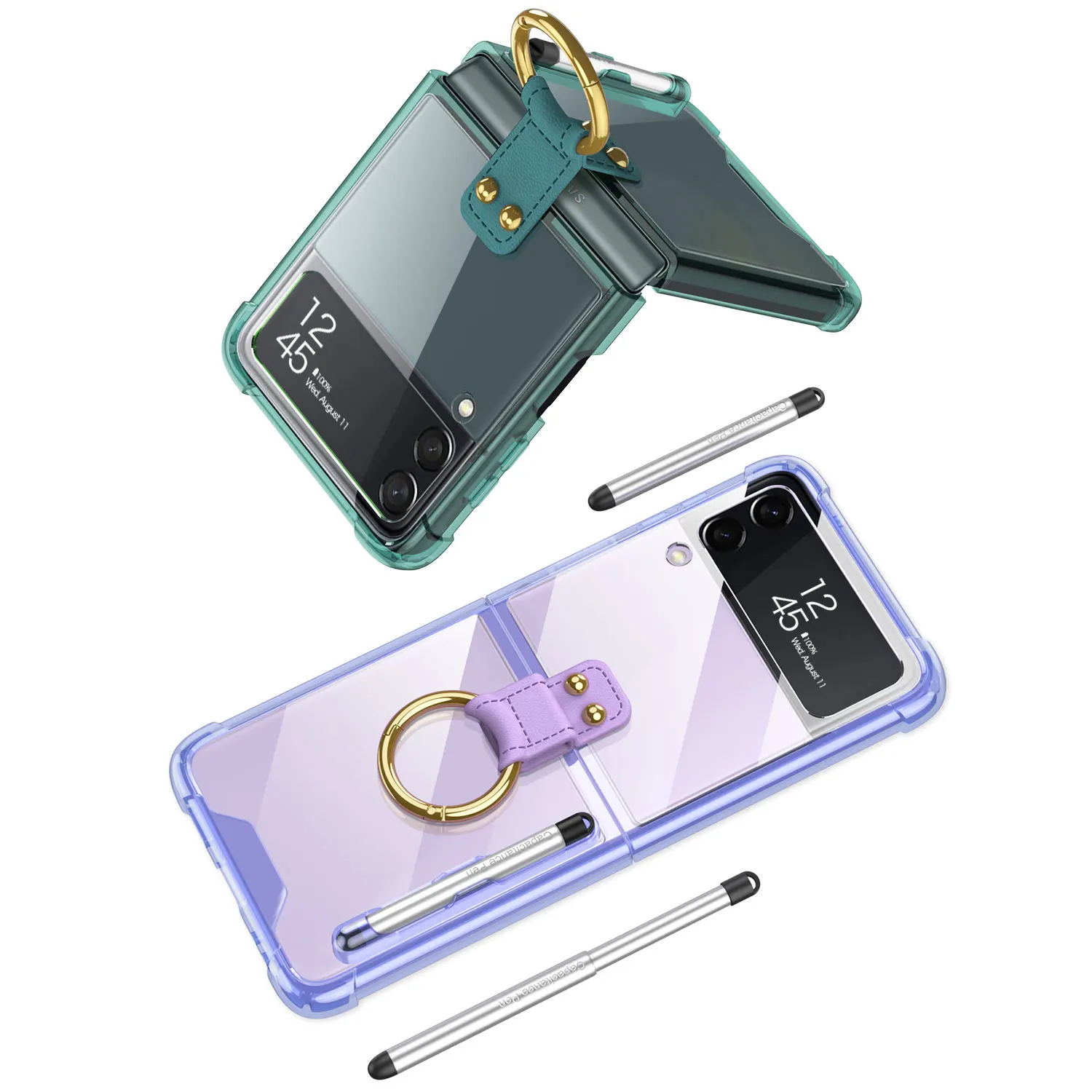 

Airbag Shockproof Transparent Case For Samsung Galaxy Z Flip 4 3 5G Ring Bracket Clear Case Z Flip4 Air Cushion Cover with Pen