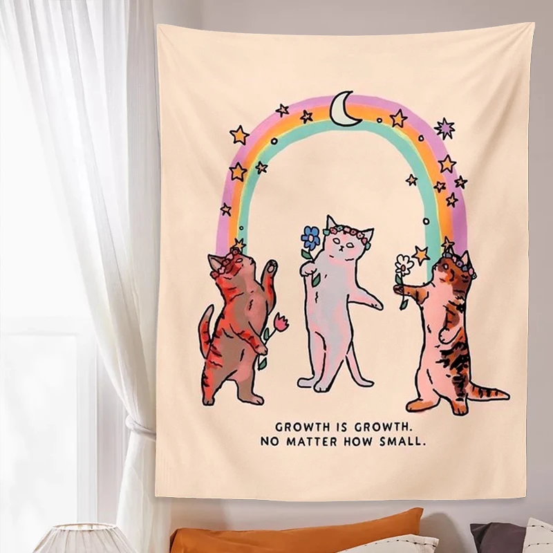 Tapestry Decorations Cute Cat Tapestry sunshine rainbow Wall Hanging Cartoon Cat Bohemian Decoration Home for Living Room Kids Room Bedroom Wall Art