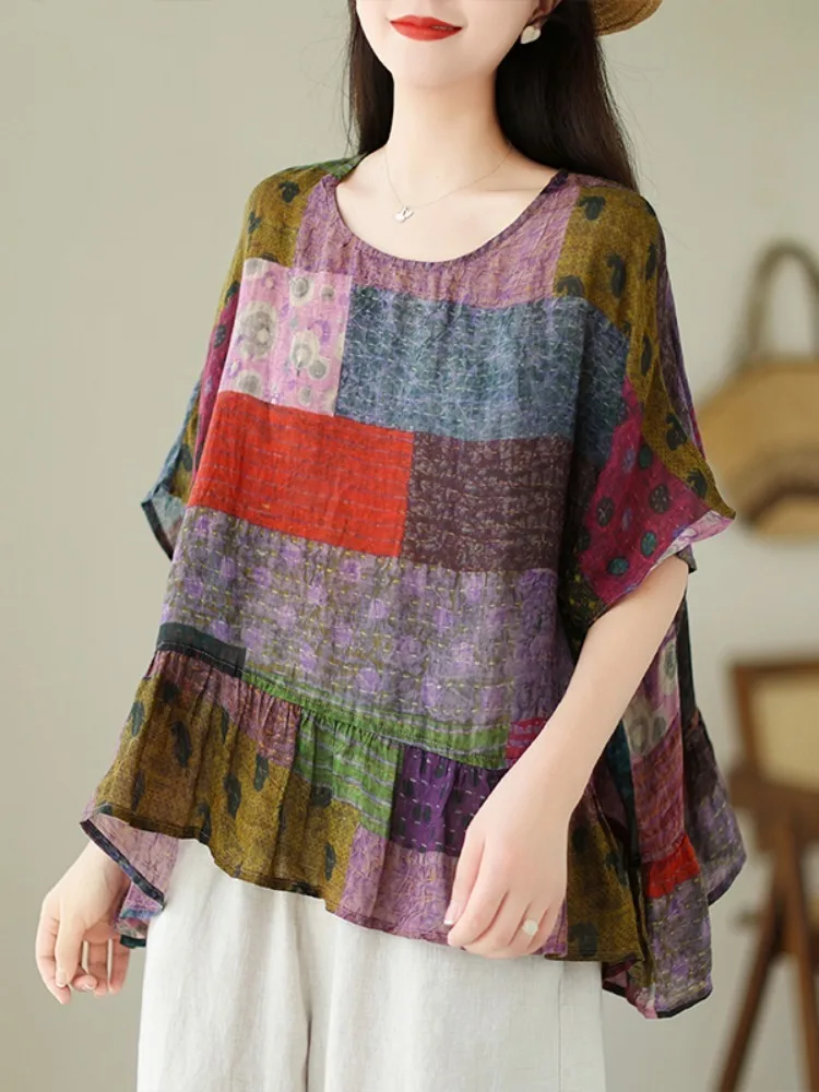 

Женская льняная блузка с принтом, Повседневная Свободная классическая блузка в винтажном стиле, большие размеры, лето 2024