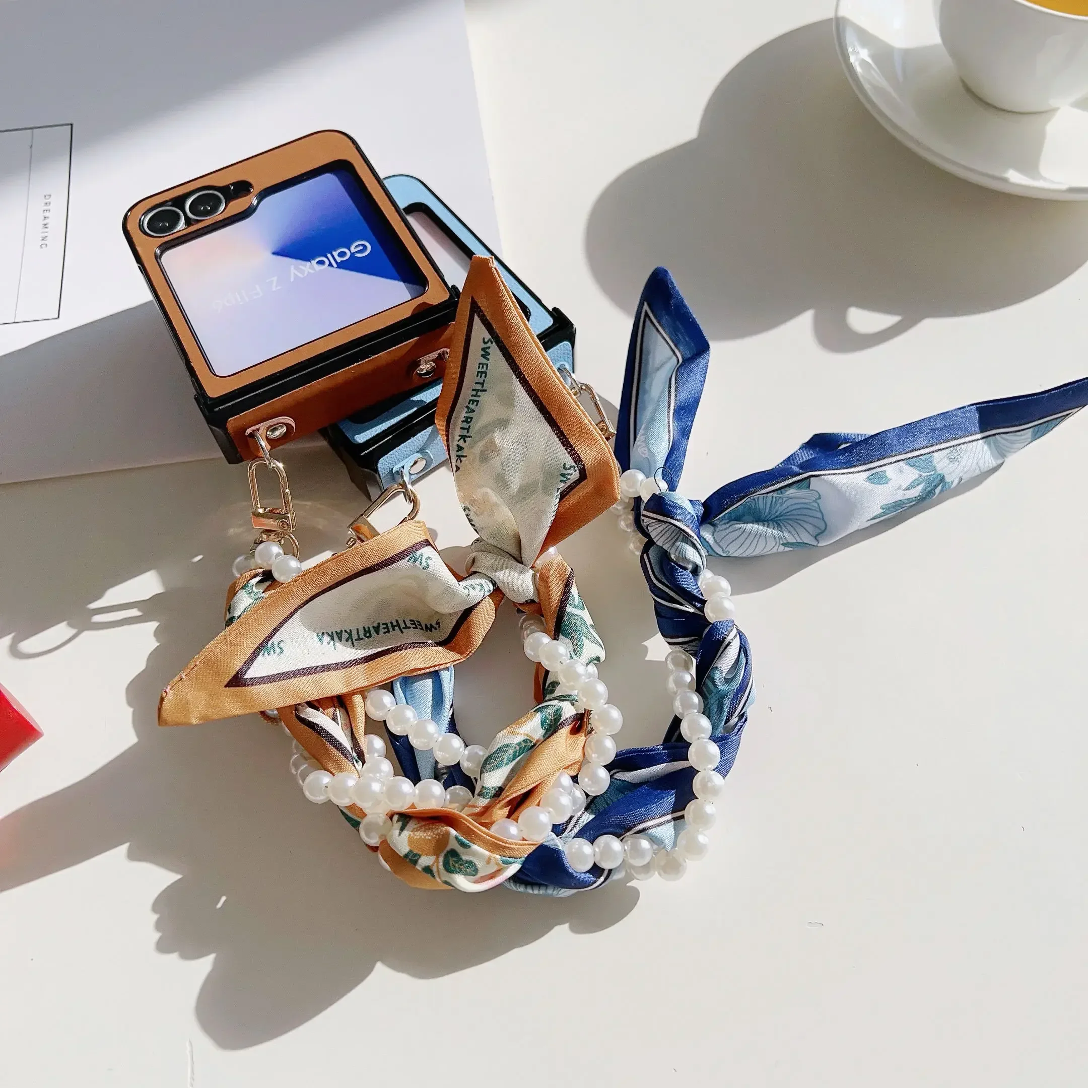 Elegant PU Leather Phone Case with Hinge Protection & Pearl Scarf Wrist Chain Strap Bracelet