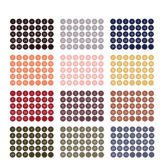 12sheets Round Number Date Label Sticker Year Planner Colorful 365 Daily Days Stickers Stationery Agenda Diary Journal Stickers A-12 sheets