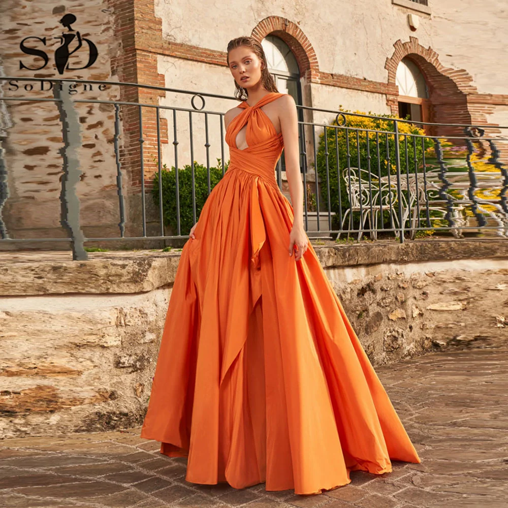 SoDigne Orange Long Prom Dress Sleeveless Halter Pleated A-Line Women Formal Dress Elegant Evening Pageant Gowns For Pregnant
