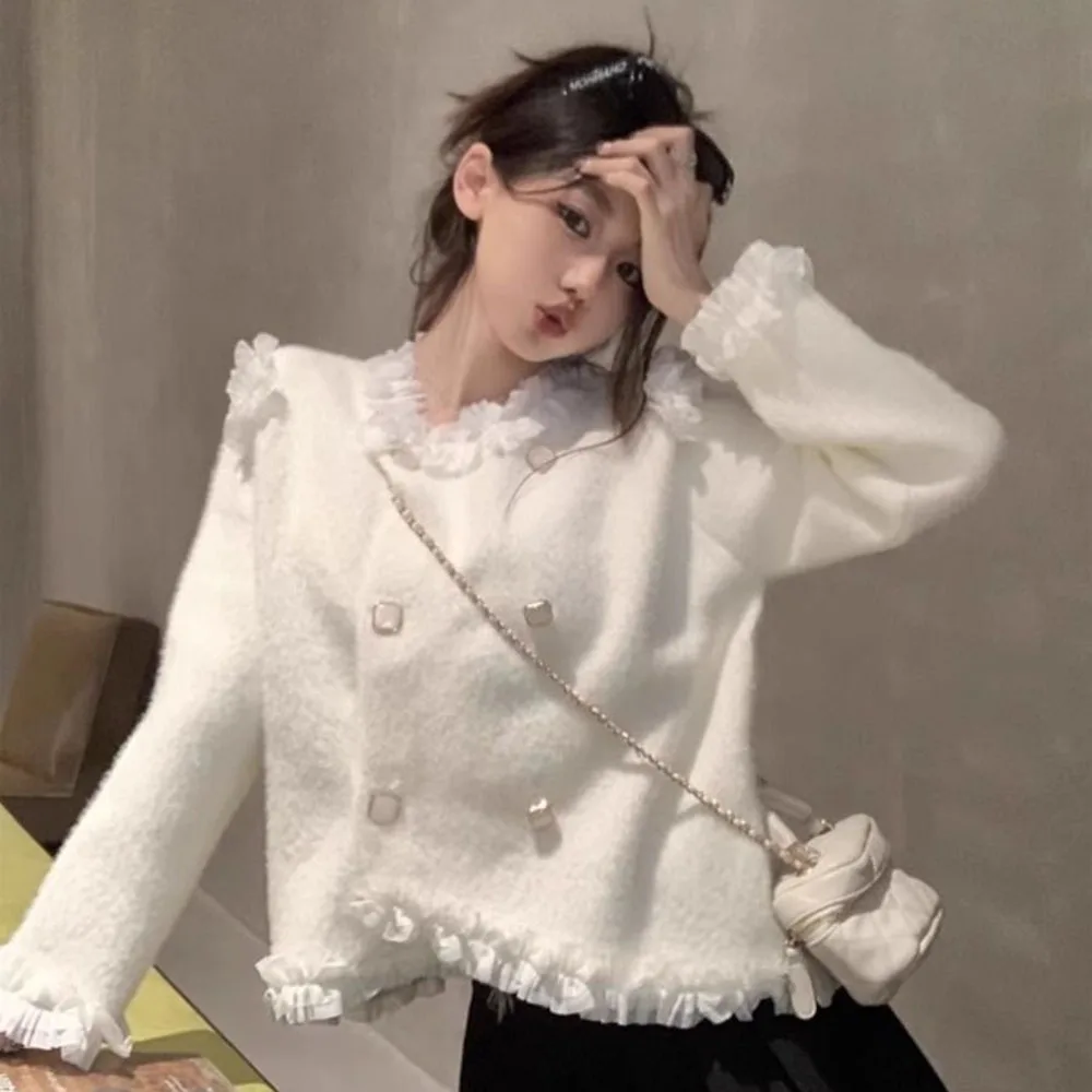 

Fashion Lace Spliced Sweater Autumn Winter Faux Mink Velvet Cardigan Coat Women's Trendy Soft Knitted Jacket Female Knitwears