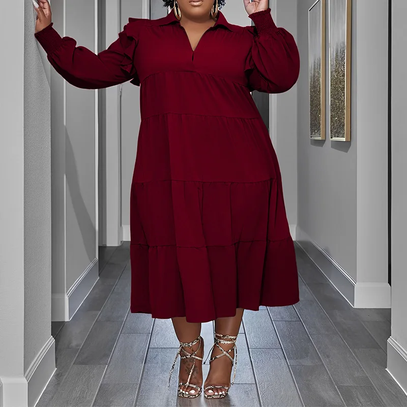 Autumn Fashion Turn-down Collar Solid Color Long Sleeve Casual Loose Shirring Mid Length Cake Dress Plus Size Women's Clothing