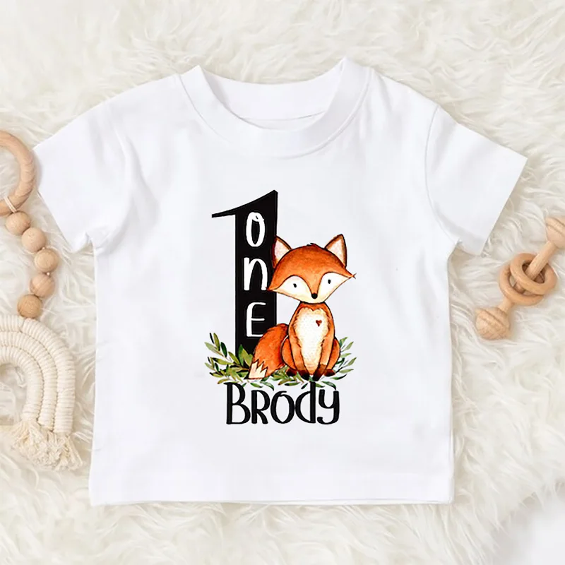 Personalisierter individueller Name für Kinder, Jungen, Mädchen, 1. Erster, Wild One-Shirt, Waldtier, Fuchs-Thema, alles Gute zum Geburtstag, Party-Dekoration, Geschenk