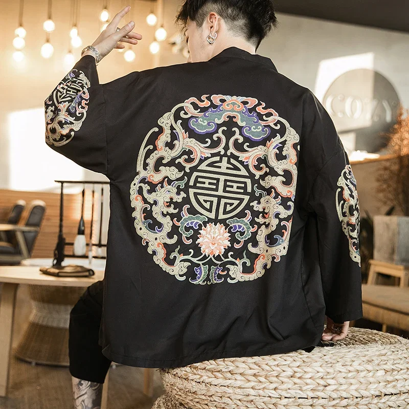 Chinese Style Suit Dragon Pattern Embroidery Plus Size Casual Sunscreen Clothing Ancient Style Cardigan Hanfu Thin Pants Men