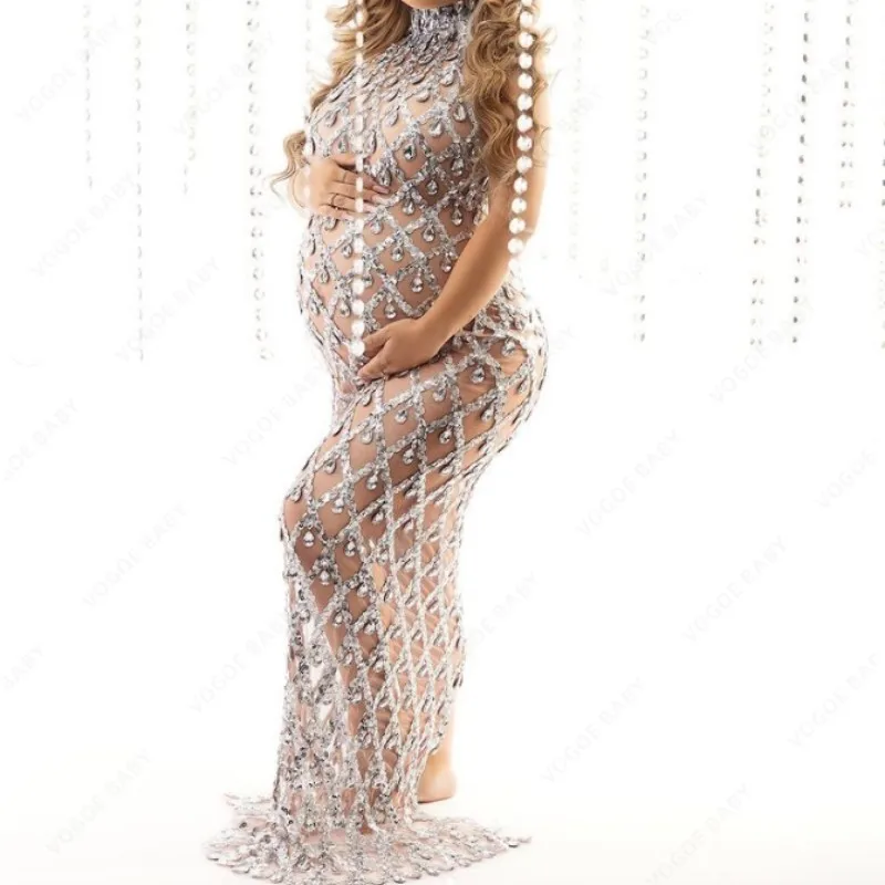 

Perspective Rhinestone Turtleneck Dress Sleeveless Sequined Skinny Dress Baby Shower Dress Sexy Maternity Photography Dress