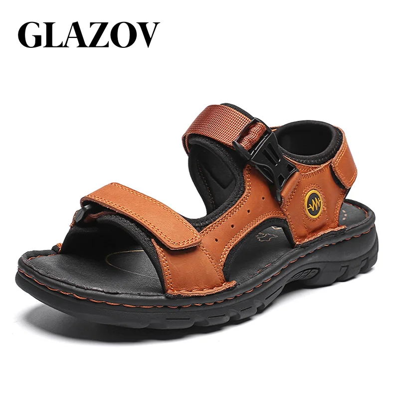 

GLAZOV Men Genuine Leather Sandals Summer Beach Breathable Fisherman Shoes Slipper Style Soft Bottom Flat Shoes Plus Size 38~48