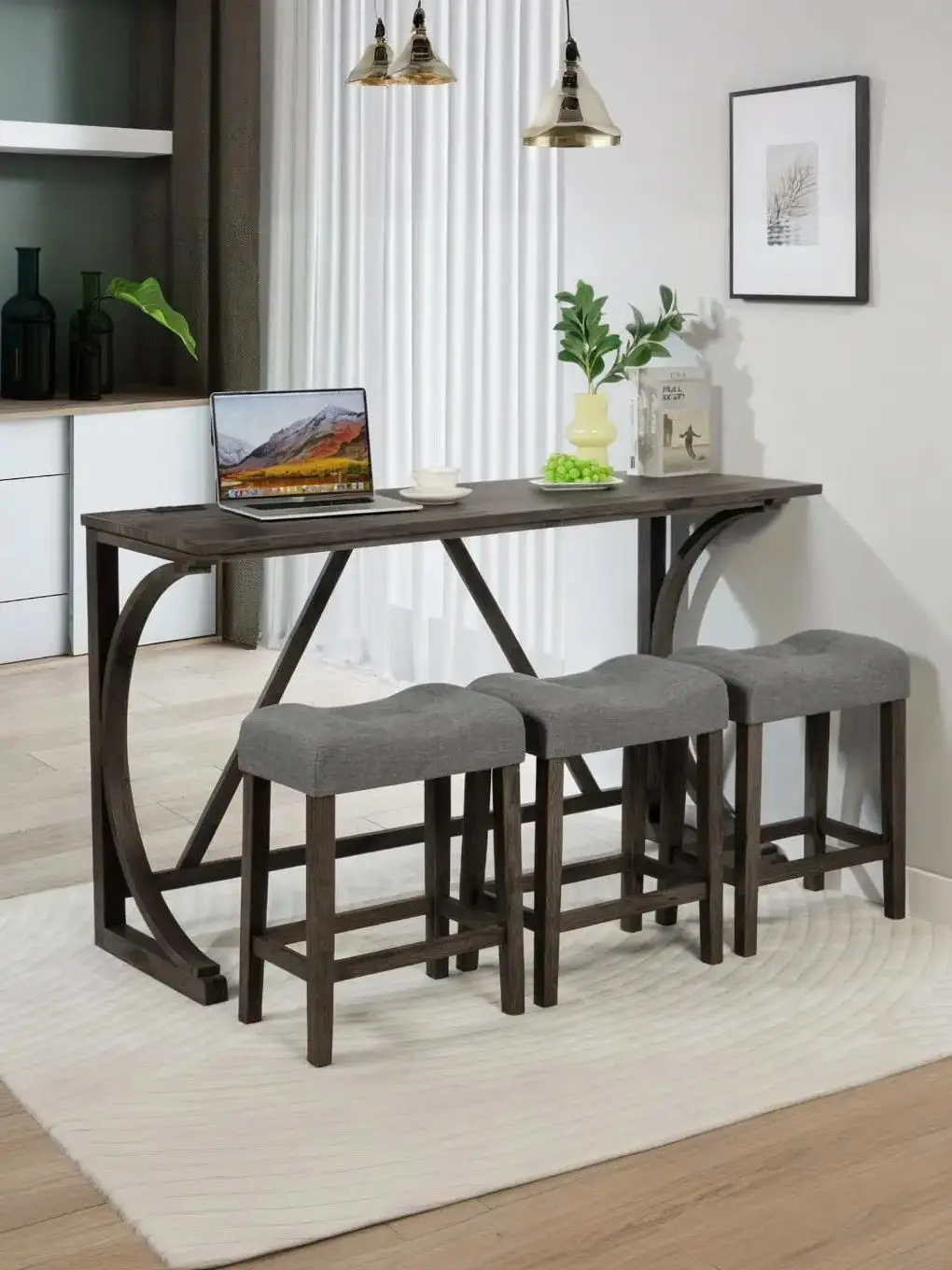 4-Piece Modern Bar Table Set with Power Outlet - Stylish Dining Bar Table & 3 Padded Stools, Space-Saving Design for Living