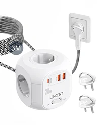 LENCENT Compact Power Cube with High - Speed Charging Ports and Braided Extension Cable - European plug (3M  PD20W CO)