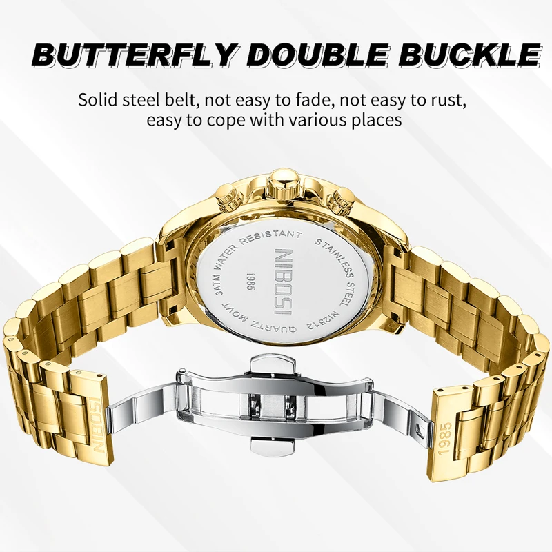 NIBOSI New Luxury Chronograph Quartz Watch for Men Gold Stainless Steel Strap Waterproof Calendar Watches Relogio Masculino Saat