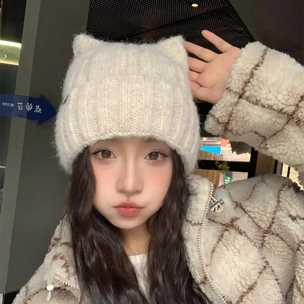 Y2K Harajuku Japanese Knitted Beanies Cap Autumn Winter Woolen Woman Bonnet Cute Cat Ear Earflap Hat Snowy Day Fashion Headwear