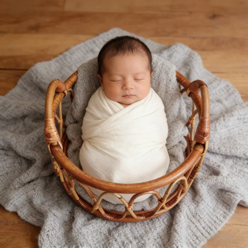 1pc Retro Rattan Basket Chair Newborn Photography Props Infant Posing Bed Background Accessories for Baby Girl Boy Photo Shoots