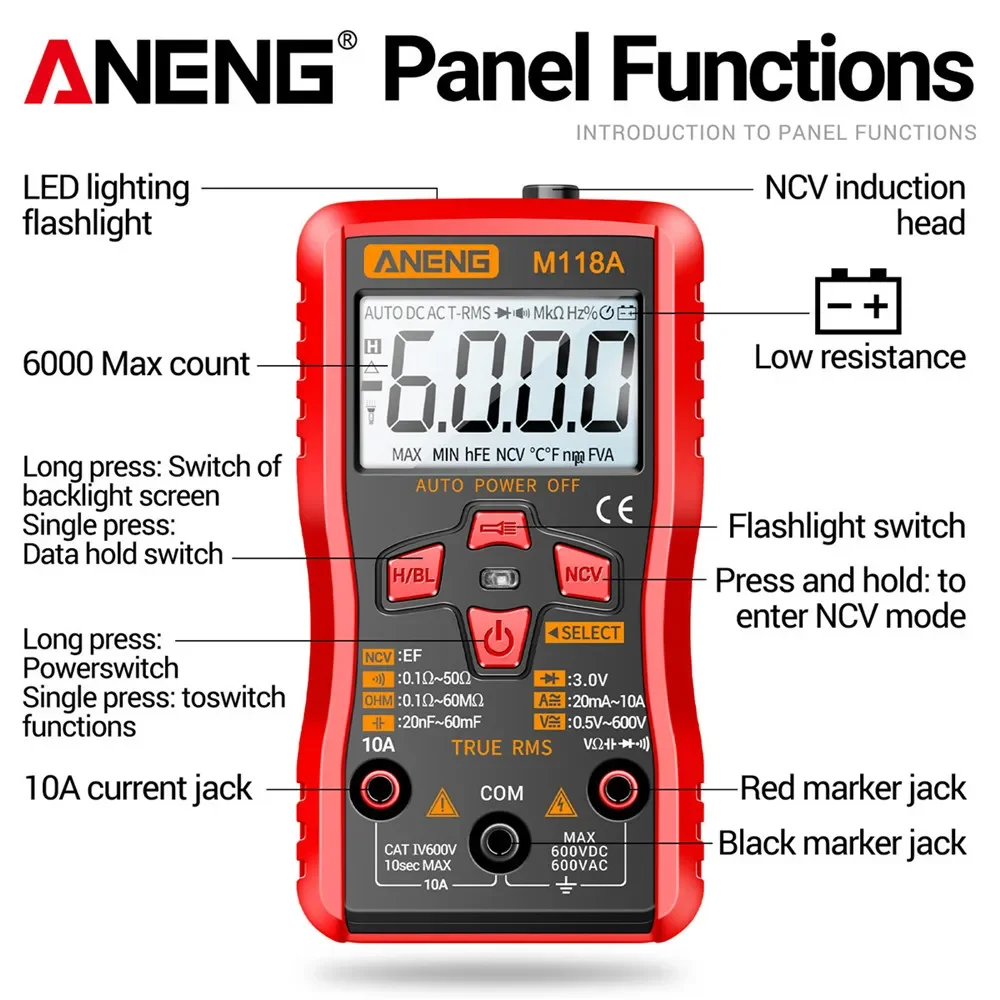 Digital Mini Multimeter Tester 6000counts Auto True Rms Tranistor Meter with NCV Data Hold Flashlight ANENG M118A digital multimeter multimeter tester