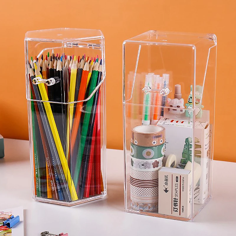 Caixa de armazenamento multifuncional transparente, Desktop Organizer, Acrílico Pen Holder, À prova d'água e poeira, Papelaria Armazenamento, Casa e Escritório