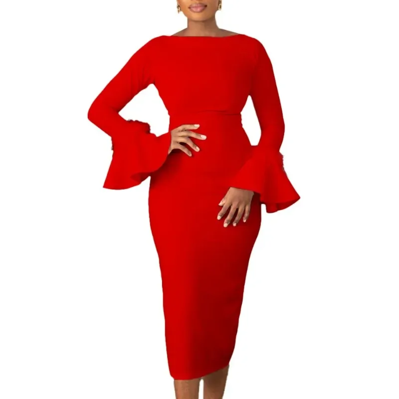 

Trendy Solid Color Flare Sleeves Bodycon Prom Vestidos for Women Elegant Boat Neck Empire Waist Midi Dress Work Office Dresses