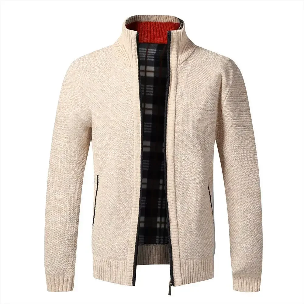 Autumn/winter Knit Fleece-lined Thickened Cardigan Sweater For Middle-aged Elderly Men Medium-length Casual Pullovers