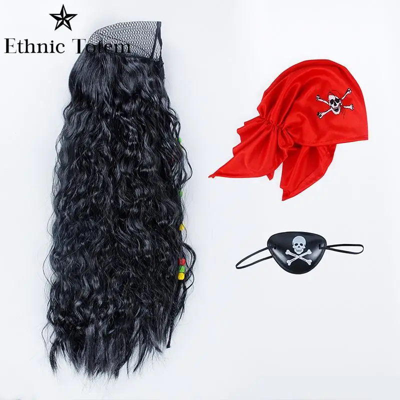 Cosplay Hat Captain Pirate Brown Hat Wig for Adult Jack Sparrow Faux Leather Hats with Hair Halloween Cosplay Costume Props Accessories