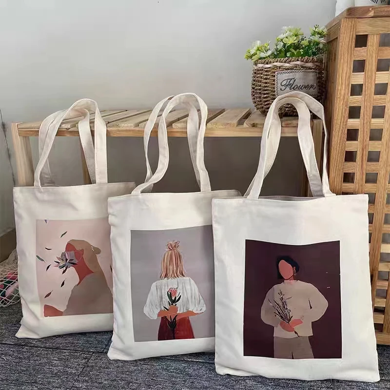 / 100PCS Printing Eco Friendly Reusable Cotton Fabric Shopping Bag Canvas Tote Women for Outdoor Packaging