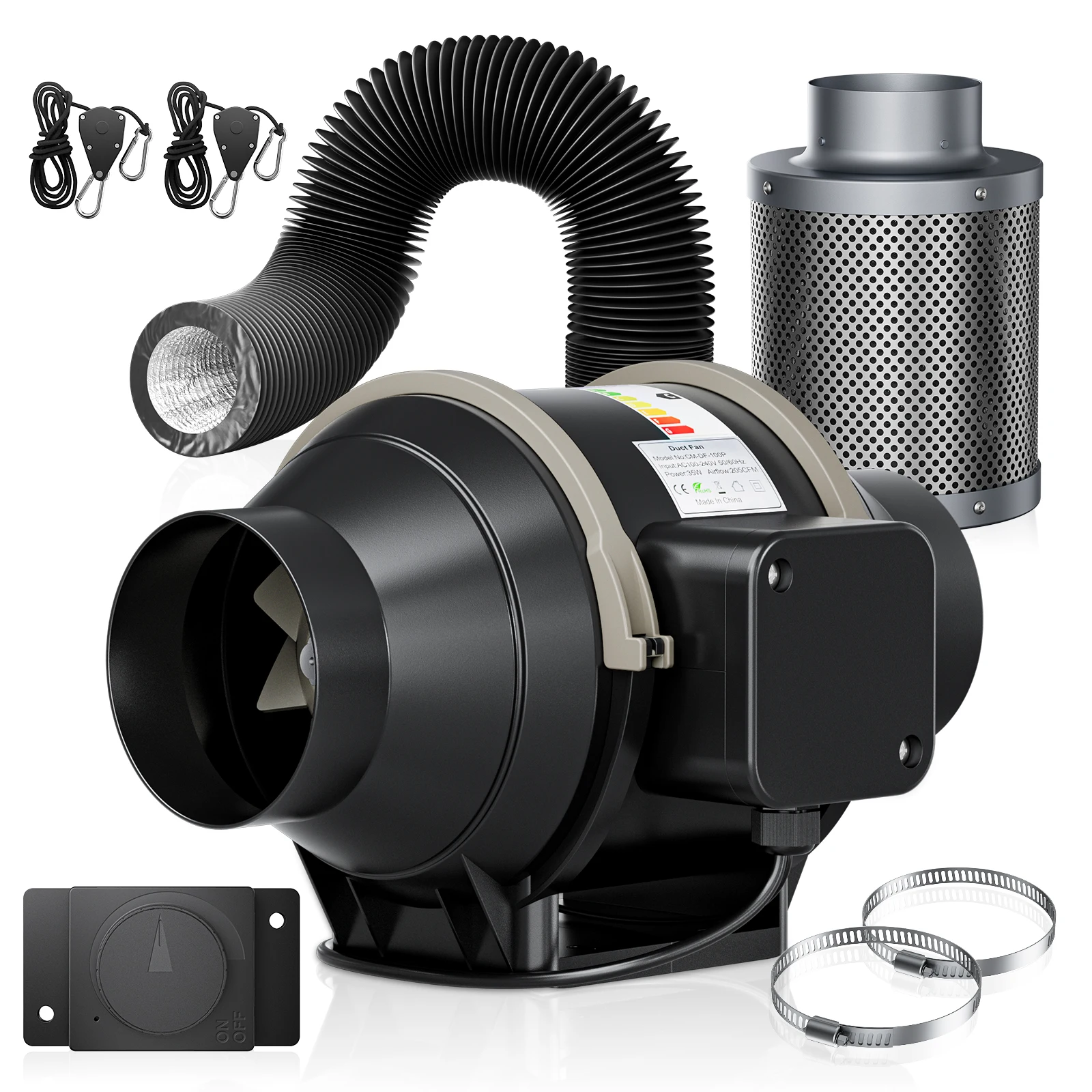 Ventilateur de conduit en ligne 4 pouces/100 mm à vitesse variable avec filtre à charbon pour kits de culture intérieure 220V 1