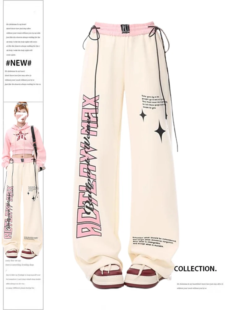 

Women Apricot Sweatpants Baggy Y2k Streetwear Graphic Print Jogger Pants Vintage Harajuku Wide Straight Trousers Clothes Autumn