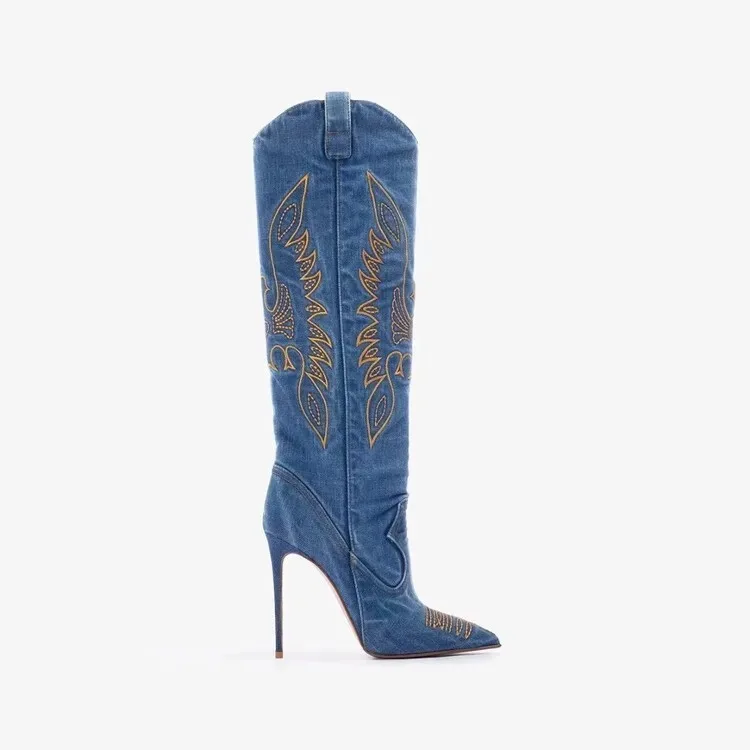 Merendy tall denim embroidered boot — single side view