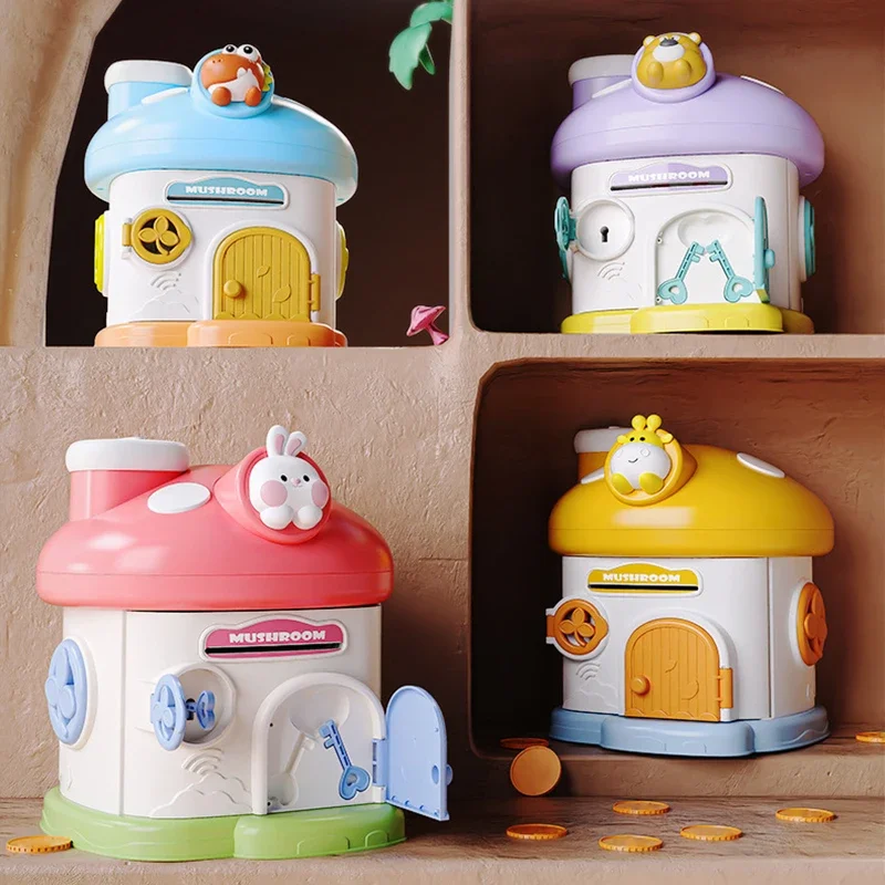 Mushroom House Money Box Piggy Bank Portable Key Lock Cash Box Students Creative Safe Savings Jar for Kids Adults Christmas Gift