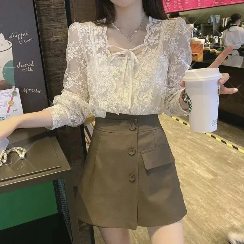 New French Square Collar Apricot White Lace Blouse Autumn Casual Loose Tops Sweet Puff Long Sleeve Lace-up Shirt Blusas 17442