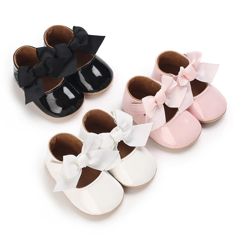 2022 new baby newborn baby girl Princess non slip bow baby soft PU leather walking shoes solid first walking shoes baby girl casual shoes solid woven toe cap velcro cute princess shoes kids cow muscle breathable non slip single shoes new hot