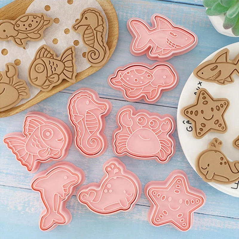 8Pcs/set Ocean Animal 3D Cartoon Cookie Mold Biscuit Cutter Stamps DIY Fondant Plunger Cake Tools Kitchen Baking Pastry Bakeware