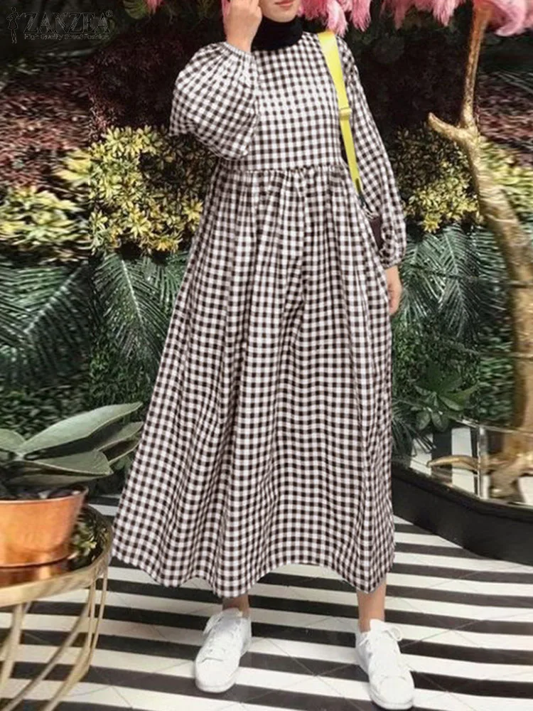 

ZANZEA Fashion Grid Printed Muslim Dress Elegant Eid Mubarek Dresses Woman O-Neck Puff Sleeve Sundress Abaya Islamic Clothing