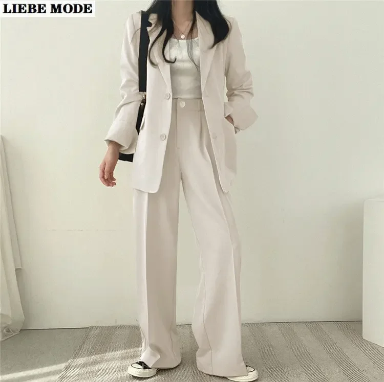 Women Loose Blazer Set Two Piece Office Lady Pink Khaki Formal Casual Pantsuit Simple Jacket Coat and Trousers Suits 2023 New